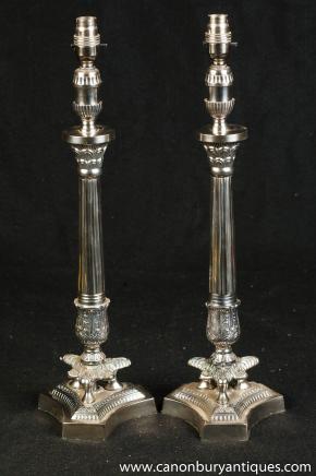 Pair Regency Silver Plate Column Table Lamps Lights 